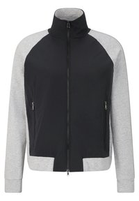 Veste zippée pour homme avec col montant, panneau avant noir et manches et dos gris clair, comportant deux poches latérales zippées.