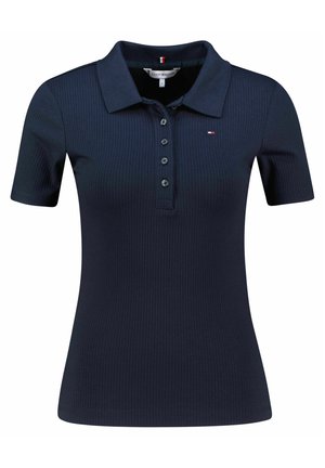 Polo azul marino acanalado de manga corta con cuatro botones y un pequeño logo de la bandera Tommy Hilfiger en el pecho.