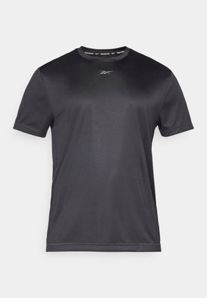 Black short-sleeve athletic t-shirt made of smooth, synthetic fabric. Features a crew neck and subtle Reebok logo on the front.