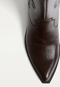 Mørkebrune læder cowboystøvler med spids tå og detaljeret syning på den øverste del, mod hvid baggrund.