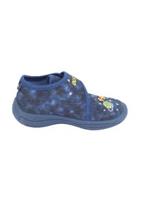Blauwe instap schoenen met een sterrenpatroon, met geborduurde ruimte-thema accenten en een stoffen bovenwerk met textuur en een rubberen zool.