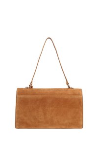 Borsa in suede color cuoio, con forma rettangolare piatta, una tracolla singola e dettagli di cuciture minimal sulla parte anteriore.