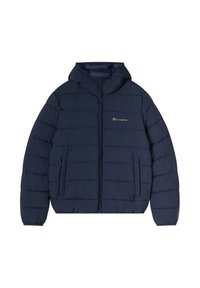 Granatowa kurtka puchowa z kapturem, pikowana, z zamkiem błyskawicznym z przodu i dwoma bocznymi kieszeniami. Posiada złote logo na klatce piersiowej.