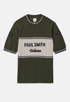Short-sleeve knitted shirt in olive green and cream, featuring “PAUL SMITH” and “Ciclismo” in embroidery, with a zippered neck and striped accents.