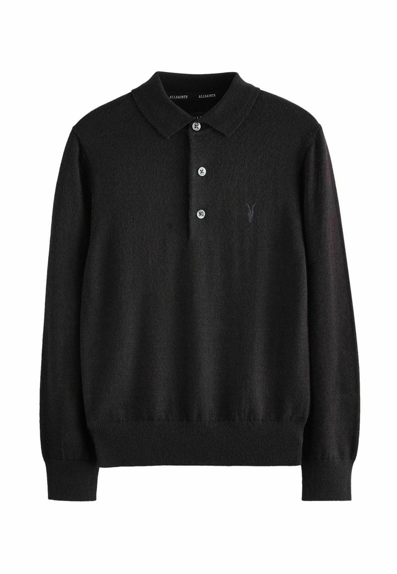 Svart stickad polo-tröja med klassisk krage, treknappslå och en diskret logotyp på bröstet. Mjuk textur och långärmad.