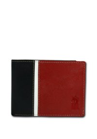 Portefeuille bi-fold en cuir, avec un côté gauche noir et un côté droit rouge, de coutures blanches et un subtil détail de logo en relief.
