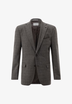 Gray textured blazer with a notch lapel, single-button front, and two side pockets. Interior features a printed lining, showcasing attention to detail.