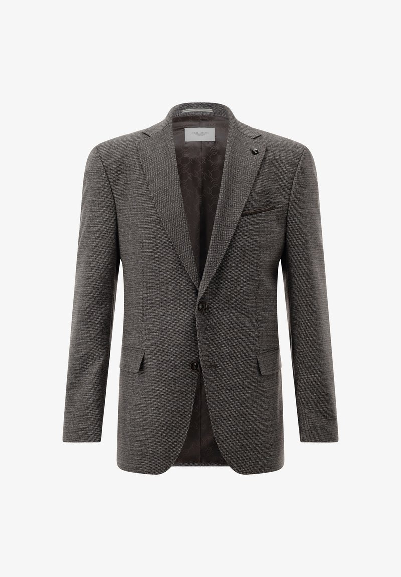 Grau strukturiertes Blazer mit Reverskragen, einreihiger Knopfleiste und zwei seitlichen Taschen. Das Innere ist mit einem bedruckten Futter ausgestattet, das die Liebe zum Detail zeigt.