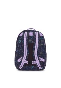 Zaino con tessuto viola scuro, caratterizzato da vivaci motivi di stelle e vortici. Include spallacci imbottiti e una fibbia centrale per supporto.