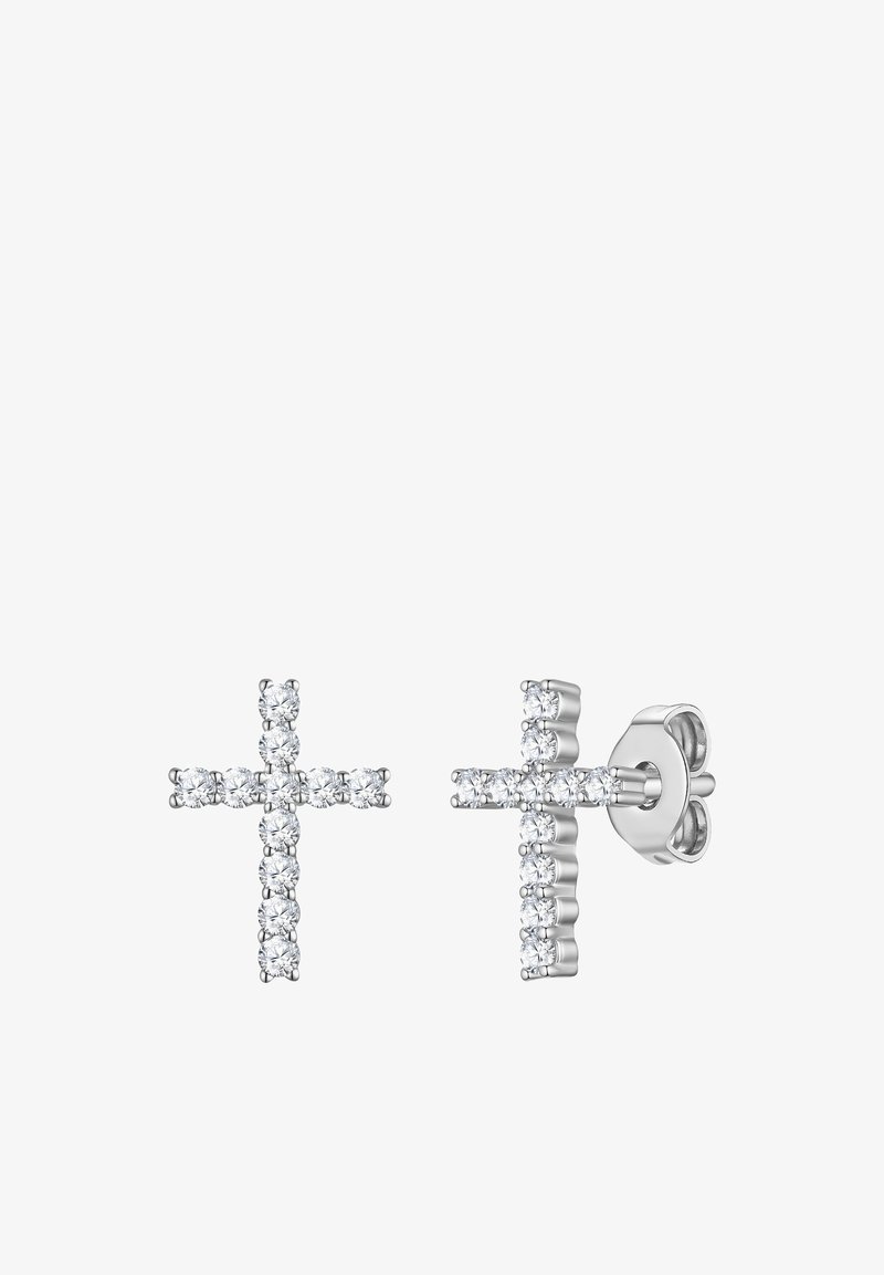 Boucles d'oreilles en argent en forme de croix avec une rangée de pierres précieuses rondes et claires, vues de face et de côté avec des attaches papillon.