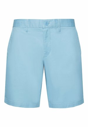 Hellblaue Shorts aus einem glatten, leichten Stoff. Mit Knopfverschluss und zwei Seitentaschen. Klassischer gerader Schnitt.