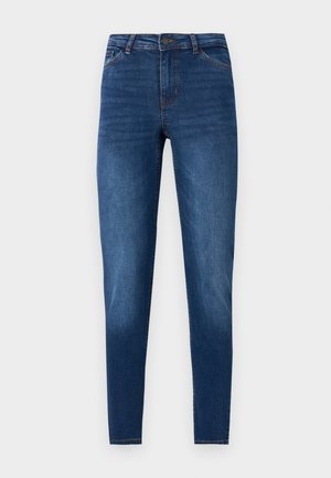 Blugi skinny din denim de culoare albastră închisă, având o textură netedă, un design clasic cu cinci buzunare și accente de cusătură minime.