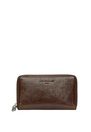 Portefeuille en cuir marron à fermeture éclair sur tout le tour, surface texturée et nom de la marque embossé au centre avant.