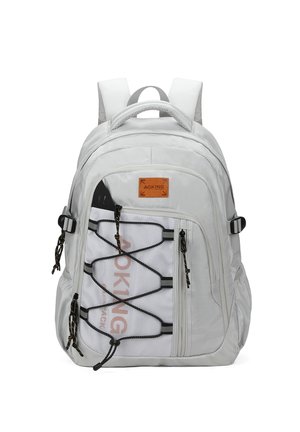 Zaino grigio chiaro con superficie testurizzata, dotato di spallacci regolabili, tasca frontale in rete e patch con logo. Include dettagli con cordino elastico.