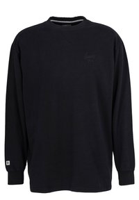 Black long-sleeve T-shirt made from cotton, featuring a crew neckline, ribbed cuffs, and subtle "Honesty" logo on the chest.