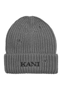 Beanie grigio a maglia con texture a coste, dotato di risvolto e logo 'KANI' ricamato in nero sul fronte.