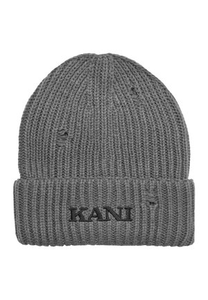 Graue Strickmütze mit gerippter Textur, ausgestattet mit einem umgeschlagenen Bund und einem schwarzen gestickten 'KANI'-Logo auf der Vorderseite.