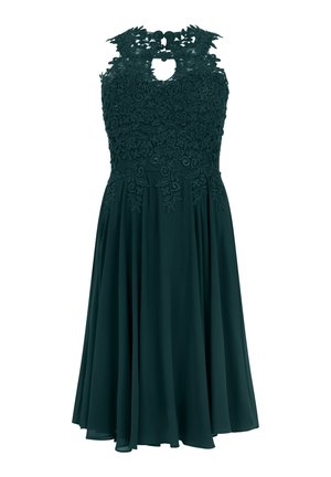 Mouwloze donkergroene jurk tot op de knie met een lijfje van bloemenkant, een keyhole-halslijn en een vloeiende chiffonrok.