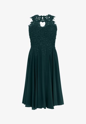 Mouwloze donkergroene jurk tot op de knie met een lijfje van bloemenkant, een keyhole-halslijn en een vloeiende chiffonrok.