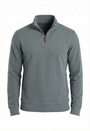 Sudadera para hombre de manga larga en gris, con cremallera hasta el pecho y cuello simulado, que presenta un logo sutil en el pecho y puños y dobladillo acanalados.