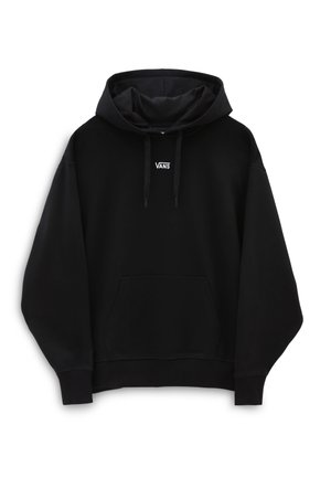 Sweat à capuche noir avec poche avant et petit logo Vans blanc centré sous l'encolure, présenté sur fond blanc.