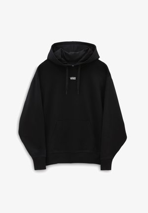 Sudadera negra con capucha, bolsillo frontal y pequeño logo blanco de Vans centrado debajo del escote, mostrada sobre fondo blanco.