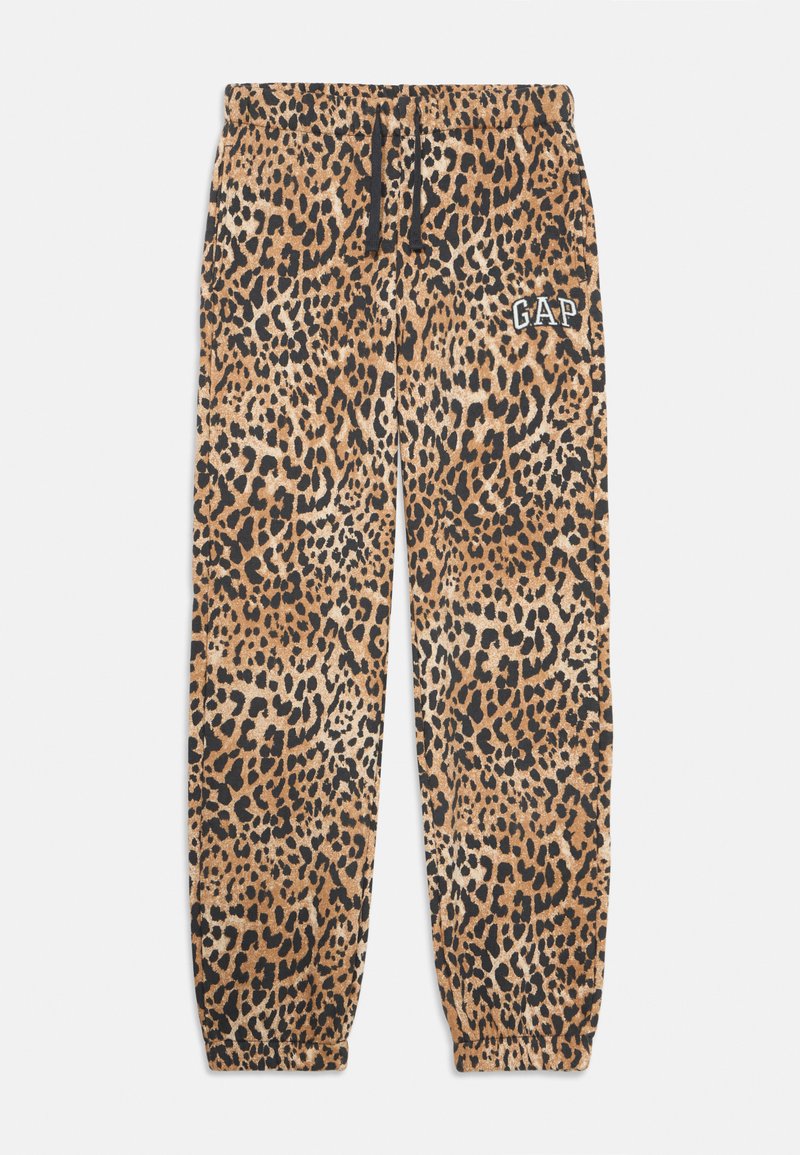 Løveprntede joggebukser i nuancer af brun og sort, med elastisk talje, manchetter og et GAP-logo på siden.