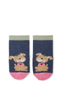Cotton socks feature a navy base with a light green cuff and pink heel, adorned with a cute brown dog design on each sock.
