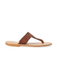 Bruine gevlochten leren flip-flop sandaal met een platte, lichtbruine zool. Beschikt over een brede teenband die is ontworpen voor comfort en ademend vermogen.