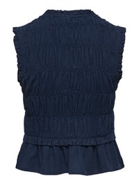 Tamsiai mėlynas be rankovių viršus su raukšlėtu elastingu audiniu, raukšlėtomis rankovių ir apatinio krašto dalimis.