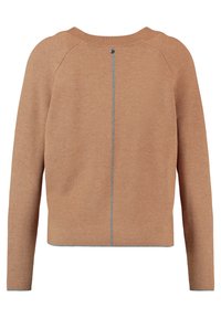 Maglione color cammello con scollo rotondo, maniche lunghe e dettaglio della cerniera grigia sul retro. Tessuto morbido e orlo a costine.