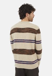 Crème trui met bruine en paarse horizontale strepen, zachte textuur, geribbelde onderkant en ronde halslijn, van achteren weergegeven.
