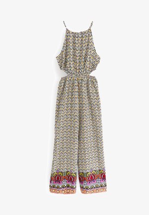 Mono con múltiples patrones con diseños florales en amarillo, azul y rojo. Cuenta con tirantes finos, cintura elástica y pantalones anchos.