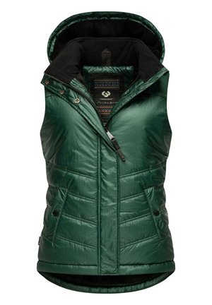 Veste matelassée sans manches vert foncé avec capuche, fermeture éclair à l'avant, poches à boutons-pression et doublure polaire noire visible à l'intérieur.