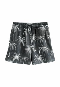 Pantaloni da bagno a rete neri con motivo di palme bianche, vita elastica con cordino e dettagli con fessure laterali.