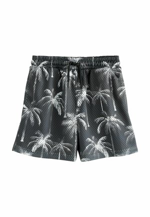 Črne mrežaste kopalne hlače z belim vzorcem palm, elastični pas z vrvico in stranskimi razporki.