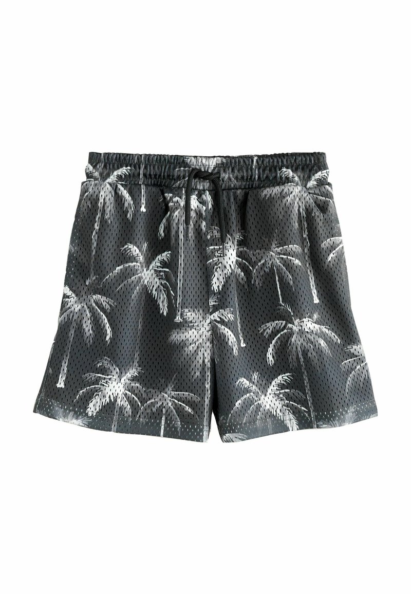 Pantaloni da bagno a rete neri con motivo di palme bianche, vita elastica con cordino e dettagli con fessure laterali.
