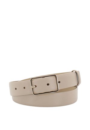 Beige leather belt with rectangular gold buckle and multiple adjustment holes, coiled on a white background.