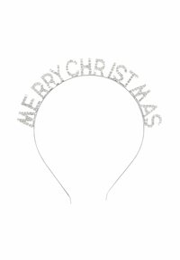 Glitrende sølvhovedbånd med ordene "MERRY CHRISTMAS" i store bogstaver prydet med klare rhinsten, med et minimalistisk design.