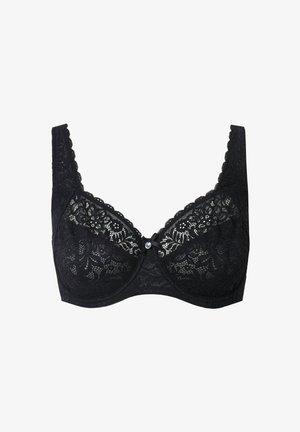Reggiseno in pizzo nero con motivo floreale, supporto con ferretti, bordi scallopati, dettaglio in nastro di satin al centro e spalline regolabili.