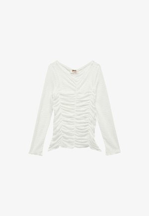 Weißes Langarmshirt mit gerafftem Textur und V-Ausschnitt. Hergestellt aus leichtem Material hat es eine figurbetonte Silhouette.