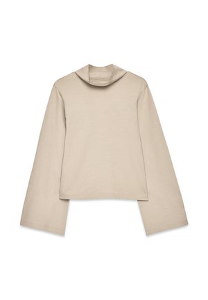 Top beige de manga larga con un cuello alto y doblado, y una silueta cuadrada. Textura suave con un dobladillo recortado y mangas acentuadas.