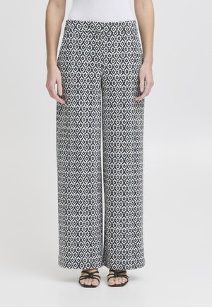Wide-leg pants in navy and white patterned fabric, featuring a geometric design. Lightweight material with a flowing texture.