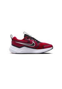 Chaussure de sport rouge et noire avec une tige en maille, une semelle intermédiaire blanche, des lacets noirs et un accent noir du swoosh Nike bien en évidence.