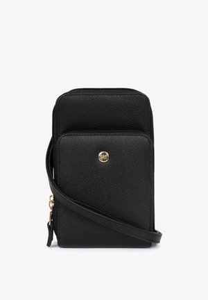 Borsa a tracolla in pelle nera con superficie strutturata, tasca frontale con zip e dettagli in hardware dorato. Tracolla regolabile per un facile trasporto.