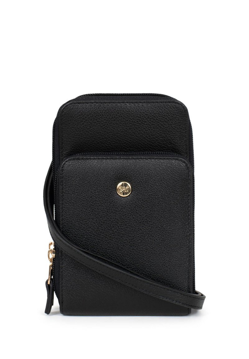 Borsa a tracolla in pelle nera con superficie strutturata, tasca frontale con zip e dettagli in hardware dorato. Tracolla regolabile per un facile trasporto.