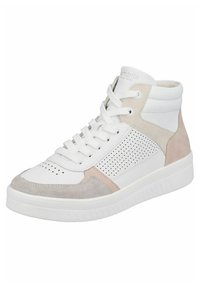 Baskets montantes en cuir blanc avec des accents en daim beige, côtés perforés et semelle en caoutchouc. Présente des lacets blancs et un détail de logo.