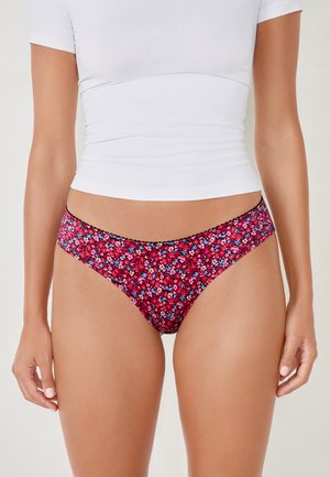 Culotte bikini con stampa floreale in tonalità di rosso e blu. Realizzate in tessuto morbido, presentano un cinturino in vita rifinito in nero e un design di altezza media.