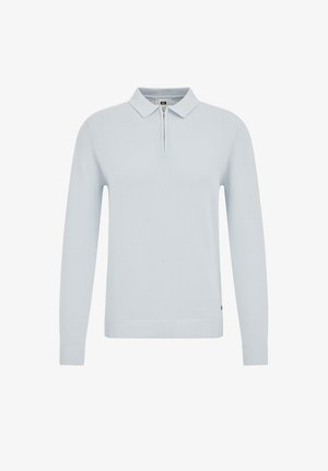 Šviesiai mėlynas ilgomis rankovėmis megztinis su užtrauktuko tipo apykakle, tekstūrinė paviršiaus faktūra, ribinėmis rankogaliais ir apačia. Minimalistinio dizaino.