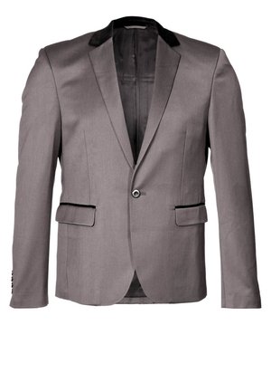 Szary męski marynarka na jeden guzik z czarnym welurowym kołnierzem i dwoma przednimi kieszeniami z patkami, prezentowana na białym tle.